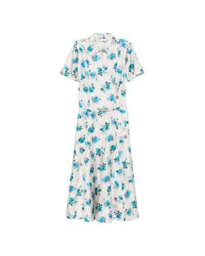 Tory Burch Floral Print Shirt Dress With Classic Collar, Belted Waist & Button Front - Blue