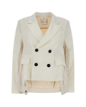 Sacai Ivory Twill And Denim Blazer - White