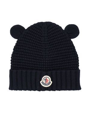 Moncler Mini Baby Virgin Wool Hat With Bear Ears And Ribbed Turn-Up Brim - Blue