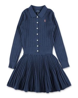 Polo Ralph Lauren Girls Cable-Knit Long Sleeve Button-Front Dress - Blue