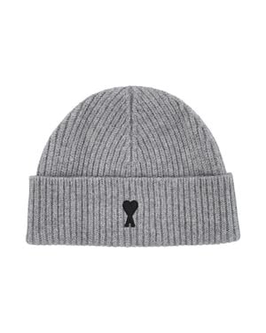 Ami Paris Ribbed Knit Beanie With Wide Turn-Up Cuff - Gray