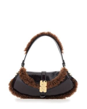 Ganni Fur-Piped Leather Shoulder Bag With Zip Front - Black