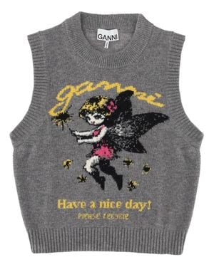 Ganni Gilet With Graphic, Wool Waistcoats & Gilets - Gray