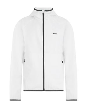 BOSS Waterproof Hooded Zip Jacket With Raised Collar And Zipper Pockets - White