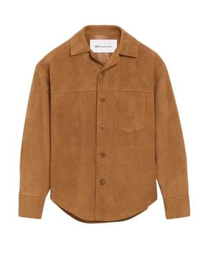 Ami Paris Suede Side Pockets Topstitched Button-Up Shirt For - Brown