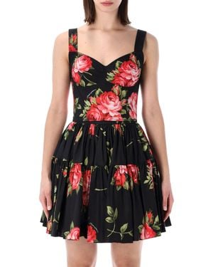 Dolce & Gabbana Rose Bouquet-Print Cotton Bustier Top - Red