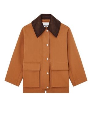 Ganni Contrast-Collar Button-Front Jacket With Patch Pockets - Brown