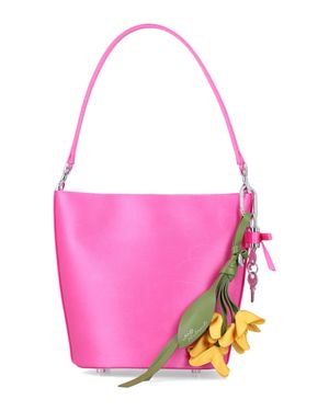 Self-Portrait Mini Satin Bucket Handbag With Removable Charms, Central Magnetic Closure & Mirror - Pink