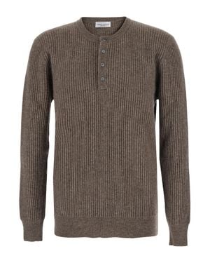 Roberto Collina Cashmere Silk V-Neck Long Sleeve Polo Shirt With Contrast Collar - Brown