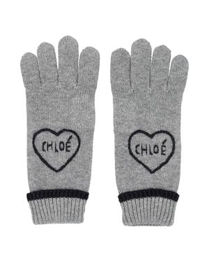 Chloé Girl Knit Gloves With Embroidered Logo - Gray