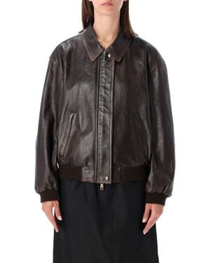 Prada Lambskin Leather Bomber Jacket With Shirt Collar And Embossed Logo - Black