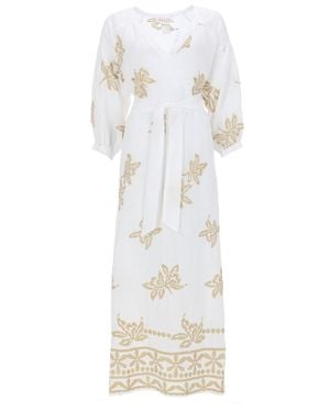 120% Lino Printed Linen V-Neck Belted Maxi Dress - White
