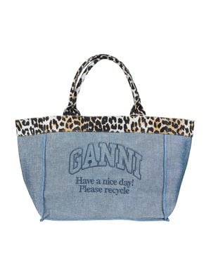 Ganni Leopard Print Logo Shopper Bag - Blue
