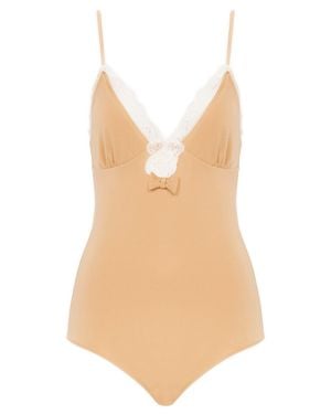 Chloé Ruched V-Neck Thin-Strap Lace-Trim Bodysuit - Natural