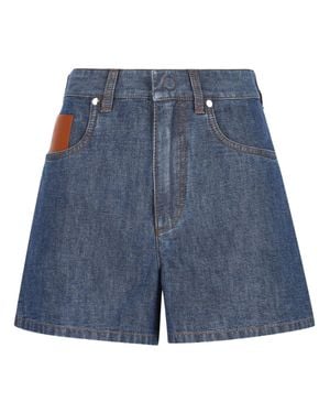 Fendi Appliqué Cotton Denim High-Waist Shorts With Leather Logo Patch - Blue
