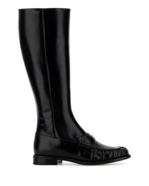 Prada Polished Leather Penny Knee-High Boots - Black