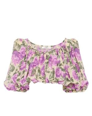 Chloé Printed Silk Top With Elasticated Neck And Cuffs Cropped Mini Top - Pink