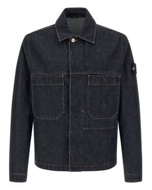 Stone Island Denim Research Patch Chest Pocket Cotton Overshirt With Concealed Snap - Blue