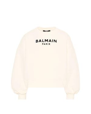 Balmain Style Flocked Logo Crewneck Sweatshirt With Wide Sleeves - Natural