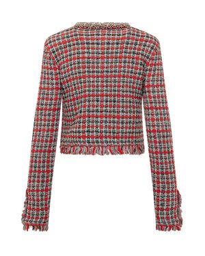 Self-Portrait Check Frayed Detail Jacket - Red
