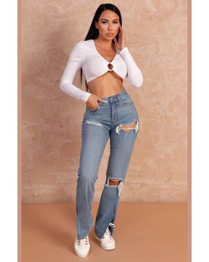 Femme Luxe Wash Ripped Knee Distressed Split Leg Denim Jeans - Blue