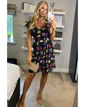 CY Vintage Print V-Neck Skater Mini Dress - Grey