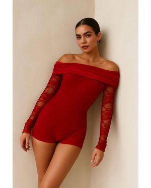 Stylewise Lace Detail Off-Shoulder Long Sleeve Playsuit - Red