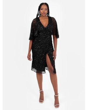 Maya Deluxe Fully Embellished Faux Wrap Midi Dress - Black