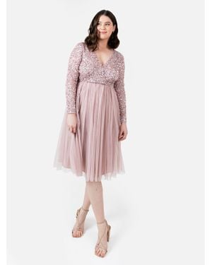 Maya Deluxe Faux Wrap Embellished Long Sleeve Midi Dress - Pink