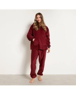 OHS Ultrasoft Coral Fleece Sherpa Lined Hoodie Loungewear Set - Red