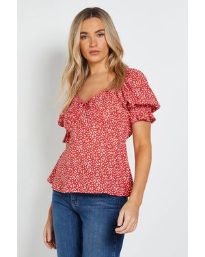 Dorothy Perkins Heart Puff Sleeve Tie Front Top - Red
