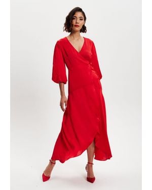 Liquorish Midi Wrap Dress With Short Puff Sleeves - Red