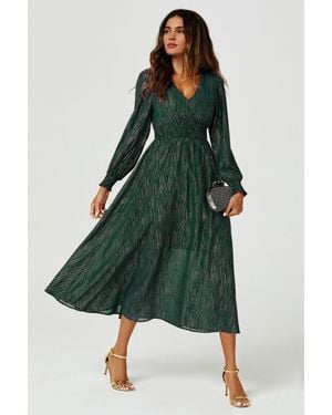 FS Collection Stripe Foil V-Neckline Long Sleeve Maxi Dress - Green