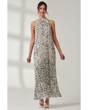Jolie Moi Abstract Halter Neck Pleated Maxi Dress - White