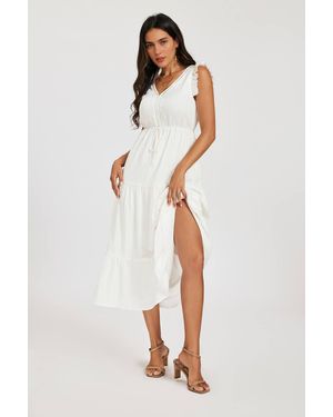 FS Collection Frill Sleeve Lace Detail Midi Dress - White