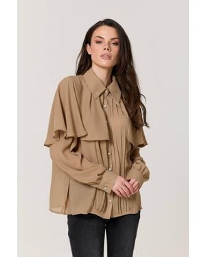 Liquorish Cape Detail Pleated Blouse - Natural