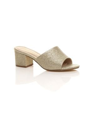 AJVANI Mid Block Heel Peep Toe Mules Sandals - Metallic