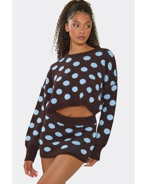 EGO Long Sleeve Polka Dot Knit Cropped Jumper - Blue
