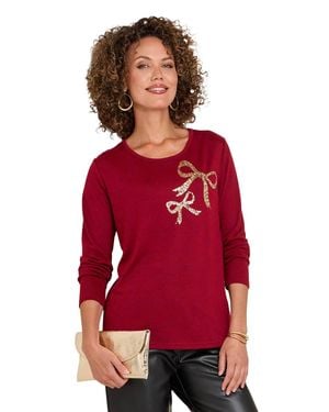 Chums Bow Sequin Warm Knitted Long Sleeve Top With Diamante Trim - Red