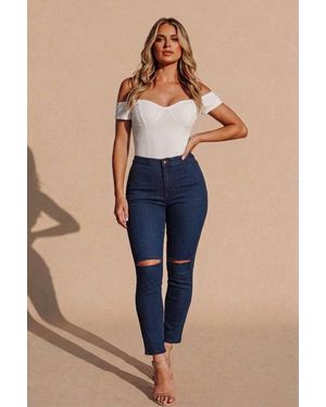 Femme Luxe High Waisted Skinny Jeans With Rip Detail - Blue