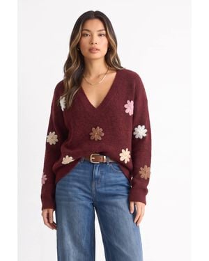 Gini London Mulberry Crochet 3D Floral Knitted Jumper - Red