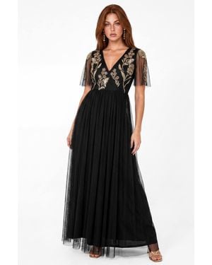 Maya Deluxe Floral Embellished Faux Wrap Tulle Maxi Dress - Black