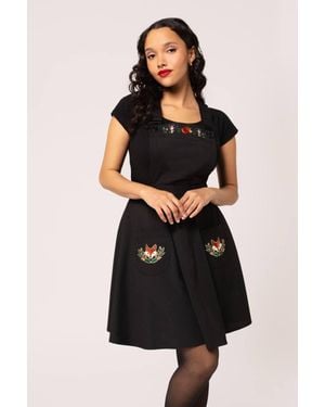 Hell Bunny Basil Fox Embroidered Pinafore Mini Dress With Adjustable Straps - Black