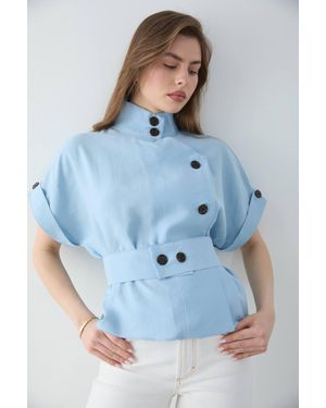 WOVCOR Lyocell Blend Short Sleeve Relaxed Fit Blouse Jacket - Blue