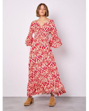 Apricot Ikat Swirls Maxi Dress - Red