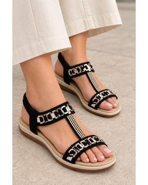 LARANGE Diamante & Chain Detail Elasticated Flat Sandal - Black