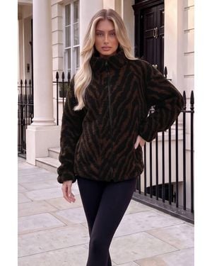AX Paris Animal Print Zip-Up Teddy Jacket - Black