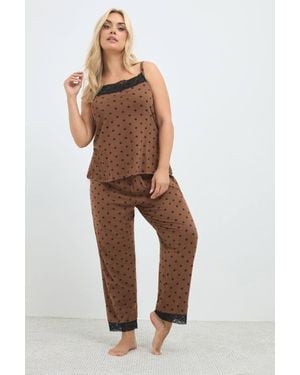 Yours Polka Dot Lace Trim Set - Brown