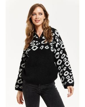 Liquorish Jacquard Animal Pattern Jumper With Zip Front - Black