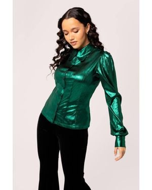 Hell Bunny Semi Fitted Blouse Stand Collar Button Front Fitted Cuffs Style - Green